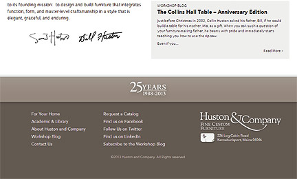 Huston and Company, custom handbuilt furniture, new website footer