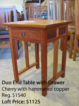 Duo End Table, cherry with hammered copper, at Huston & Company