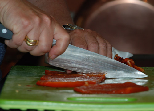 The pepper is sliced and ready to go. Jillyanna's Woodfired Cooking School