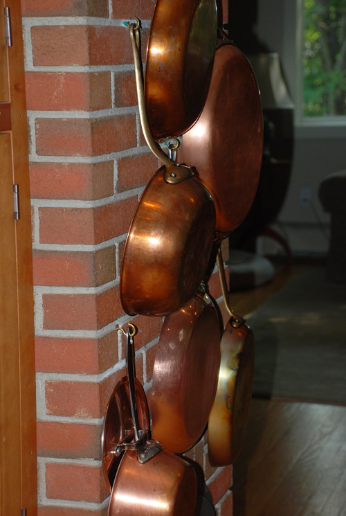 Copper pots and pans, photo by Huston & Company, Kennebunkport, Maine