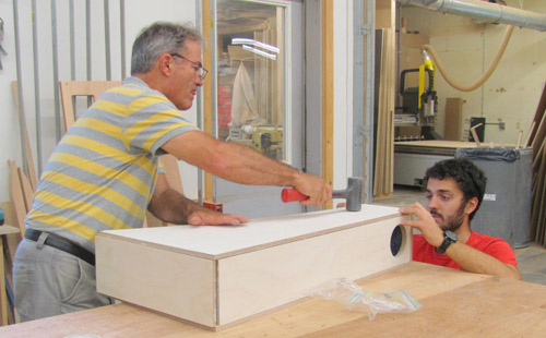 Bill and Collin Huston assemble speaker cases, personal project, Huston & Company