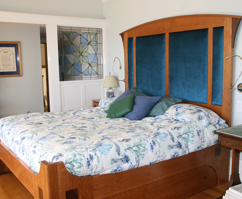 Custom designed bed, solid cherry, velvet panels, captains bed, huston