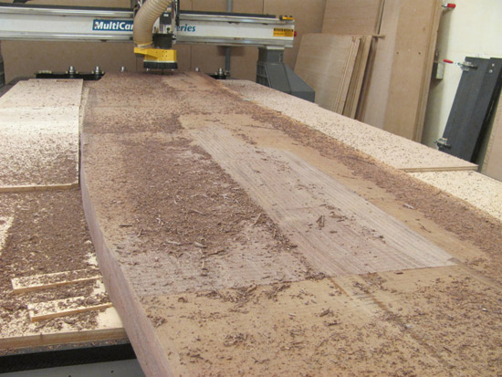 CNC router, cutting large slab, walnut, conference table, custom furniture, hustonandcompany