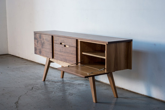 sideboard, credenza, solid walnut, white oak, handcrafted, custom designed, mid century, buffet, bar, huston, saer