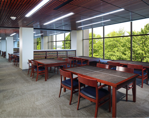 Huston & Company installation at WVU Law Center, custom, cherry, library furniture, Maine