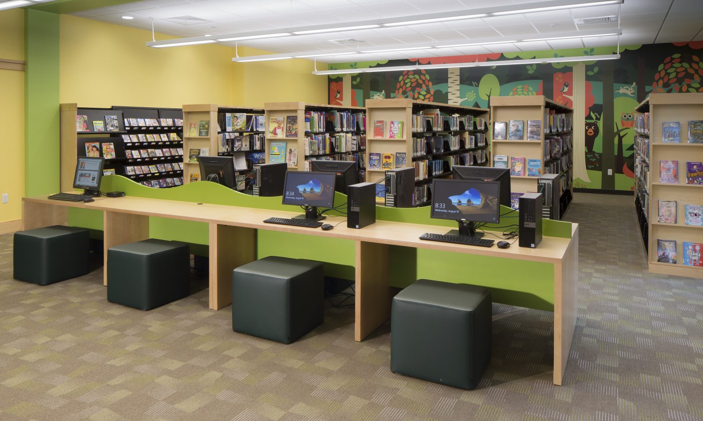 Children’s Room computer carrels and stack ends