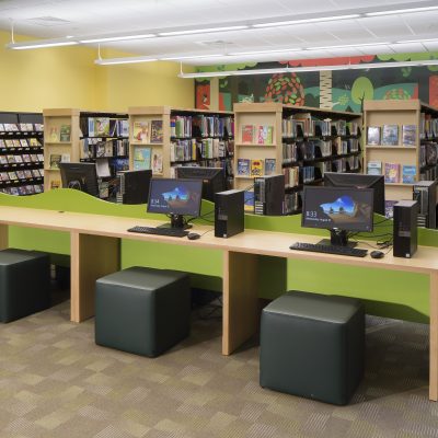 Children’s Room computer carrels and stack ends