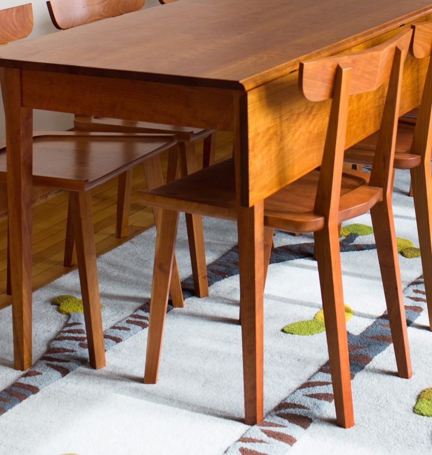 Custom Drop Leaf Table, rectangular, with Shovel Chairs. Cherry.