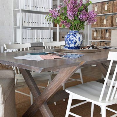 Newton Trestle Table. Shown in white oak with custom finish.