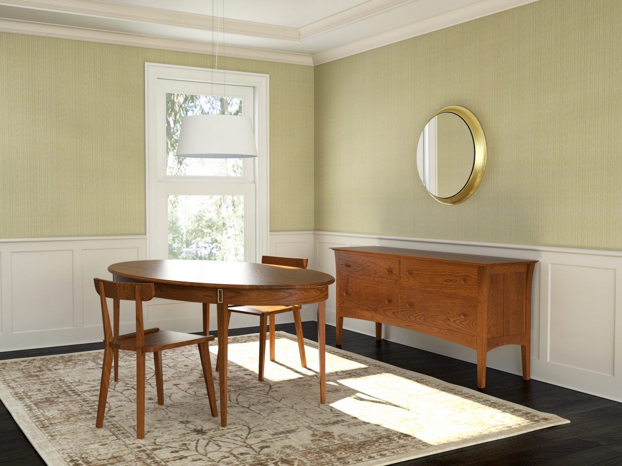 Philadelphia Table and Davenport Sideboard, with Shovel Chairs. Rendered in cherry.