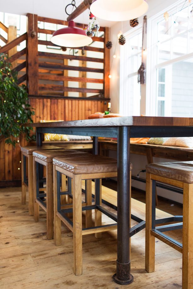 Custom dining table with custom Colby Stools.